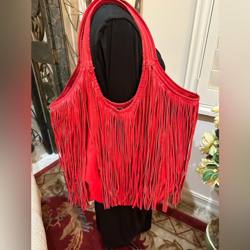 Jennifer Haley genuine red pebble leather fringe hobo bag